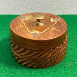 Wooden Round Box, Brass Handle Memory Box, Keepsake Box, Leaves, Jewelry Contain
